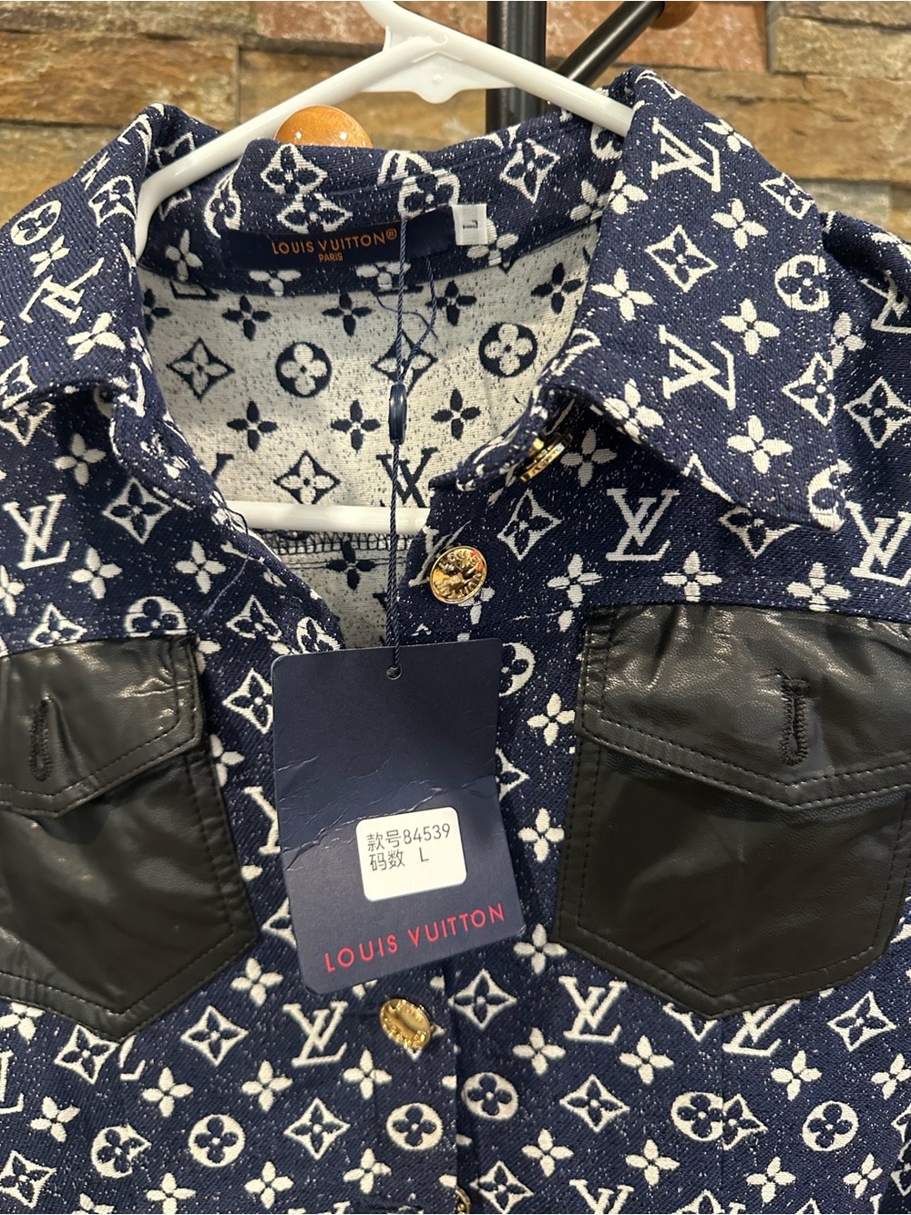 Navy and White Monogram Button-Up Jacket with Black Pockets size S - Picture 2 of 5